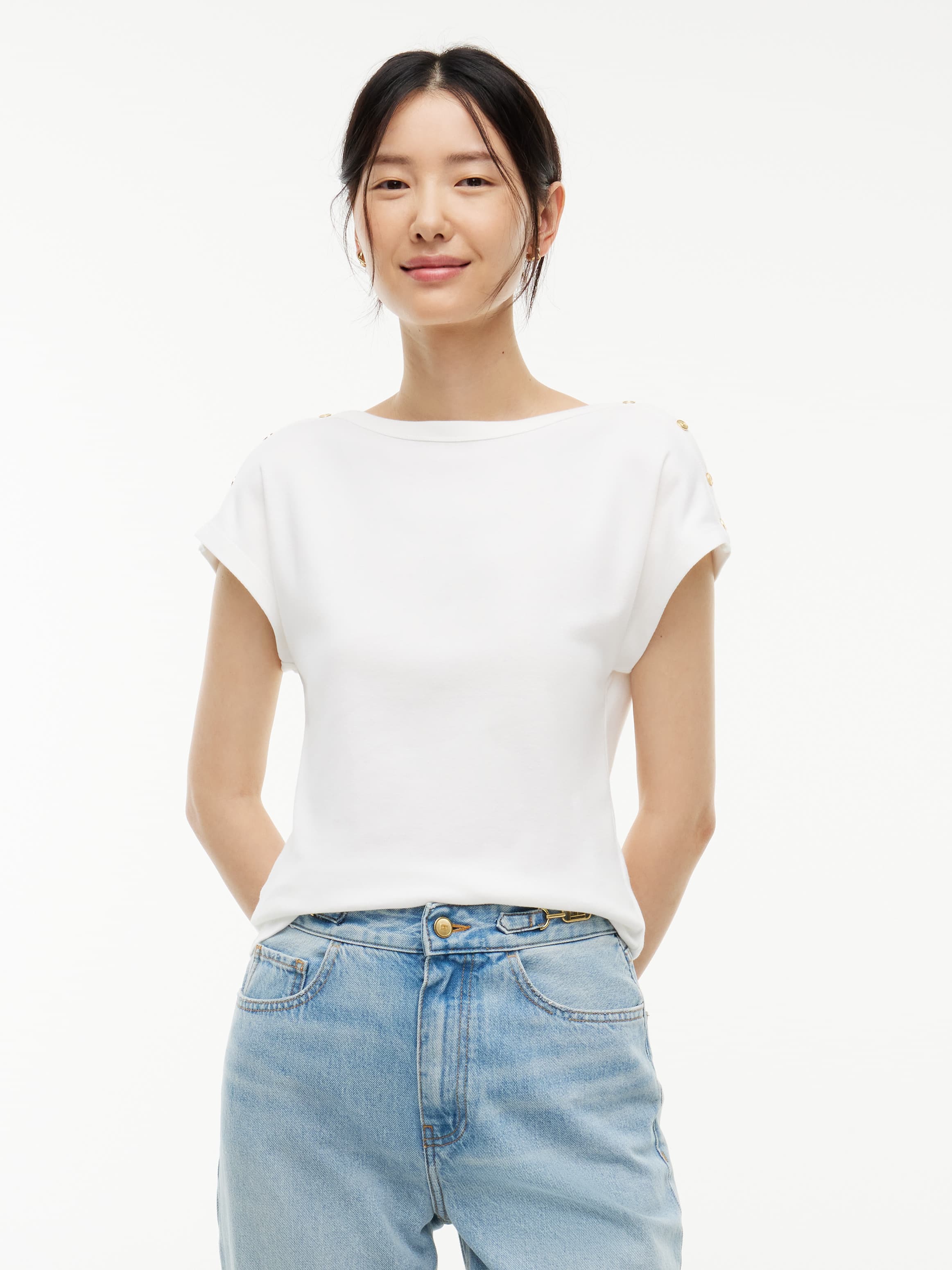 Gold-Tone Button Boat Neck T-Shirt