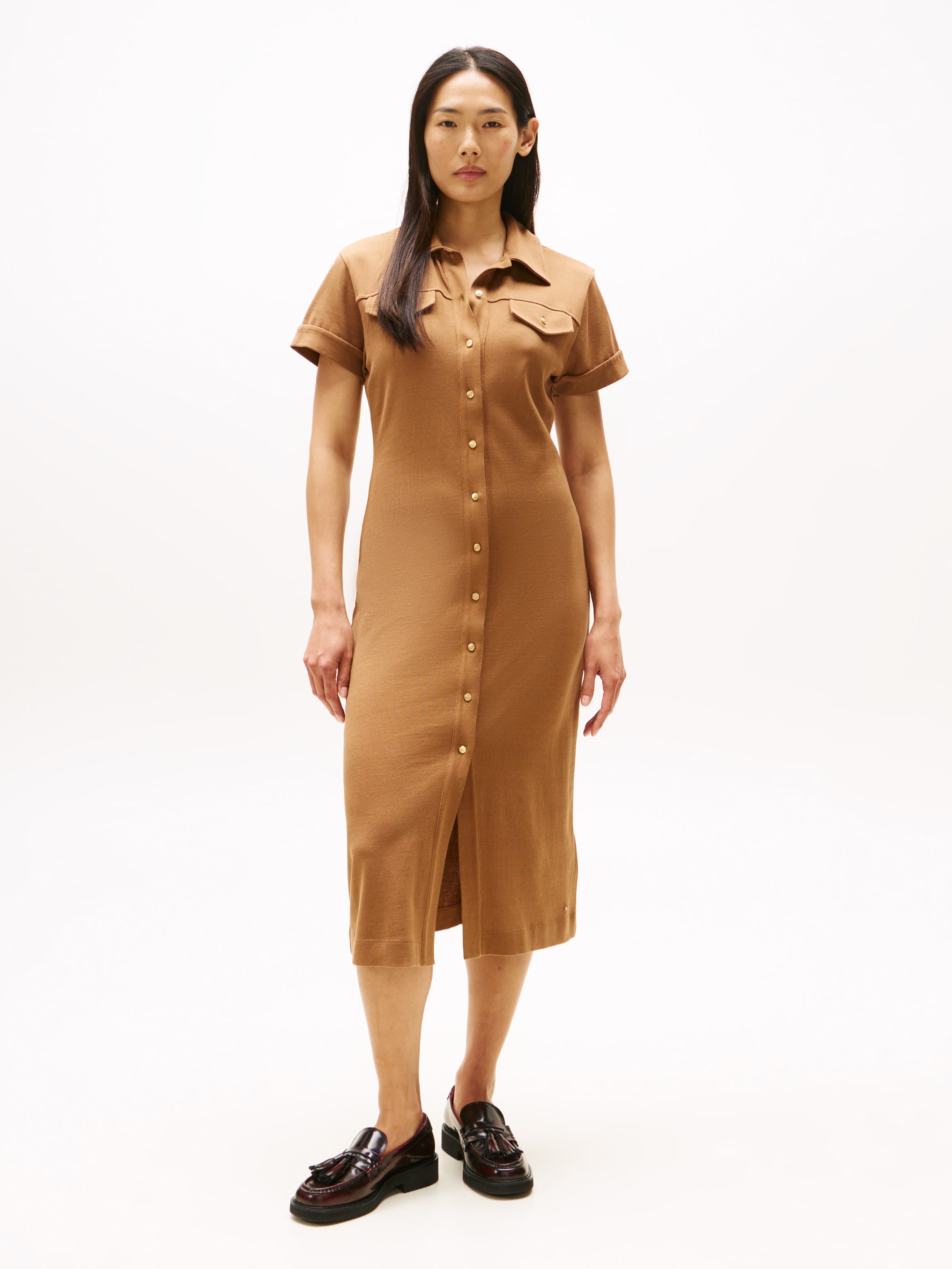 Gold-Tone Button Midi Shirt Dress